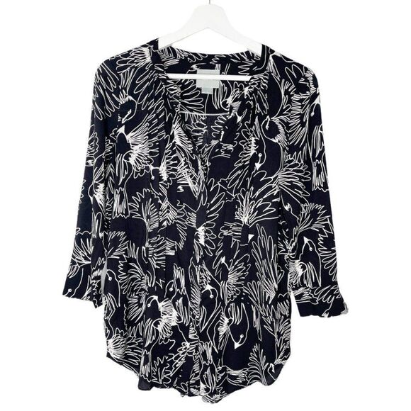 ANTHROPOLOGIE MAEVE Bird Print Black & White Button Up Blouse  - Picture 1 of 8